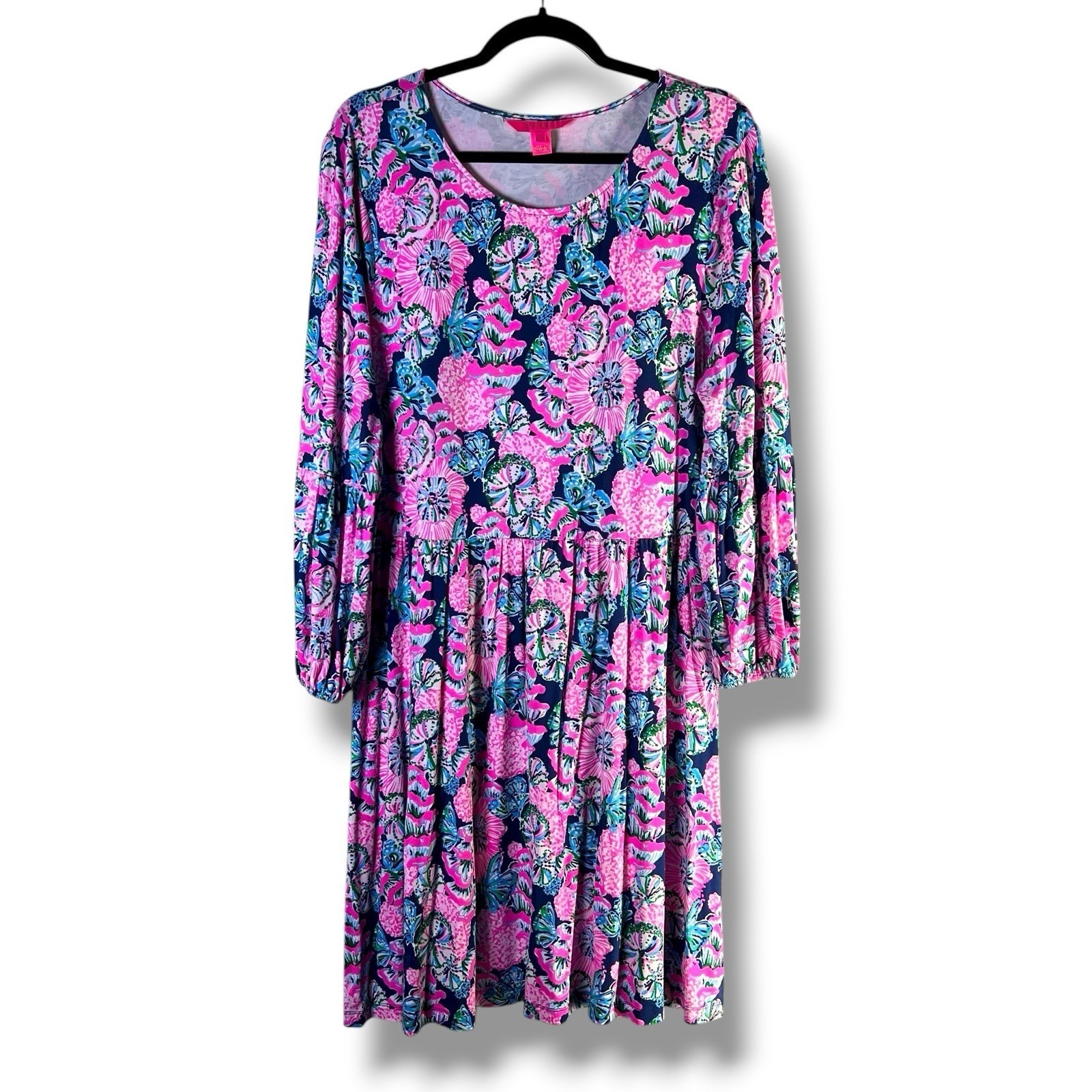 Lilly Pulitzer Sz Xl Auralia Dress Oyster Bay Shroom With A View Navy Blue Pink